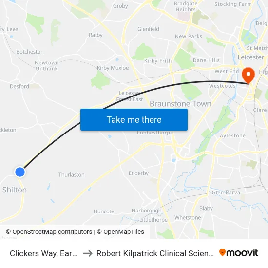 Clickers Way, Earl Shilton to Robert Kilpatrick Clinical Sciences Building map