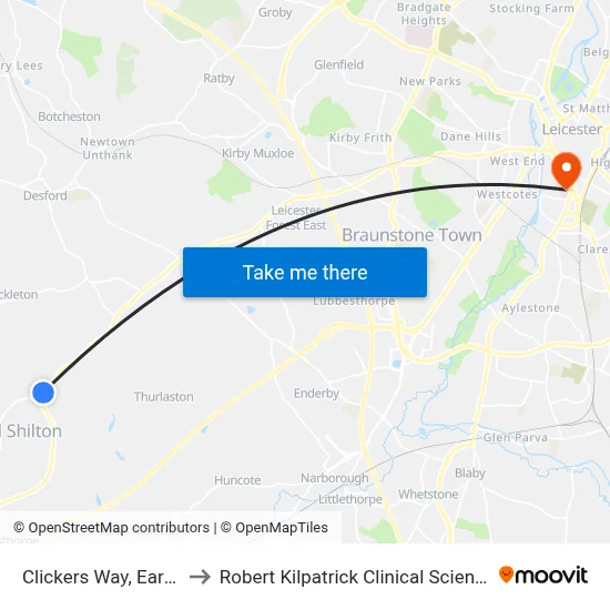 Clickers Way, Earl Shilton to Robert Kilpatrick Clinical Sciences Building map