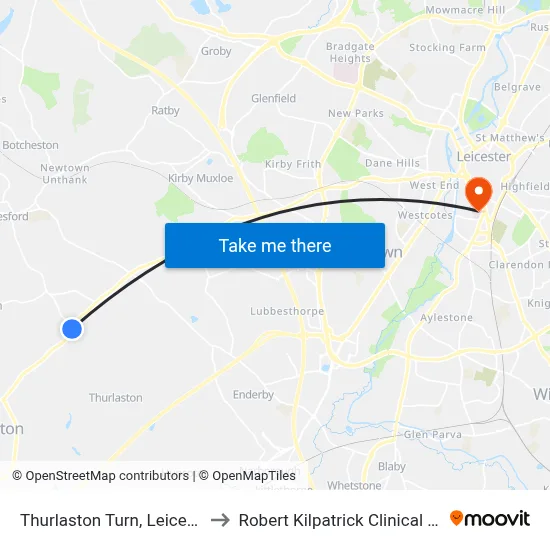 Thurlaston Turn, Leicester Forest West to Robert Kilpatrick Clinical Sciences Building map