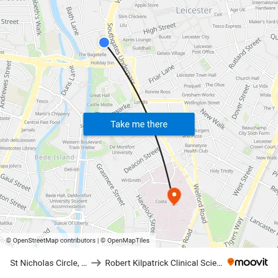 St Nicholas Circle, Leicester to Robert Kilpatrick Clinical Sciences Building map