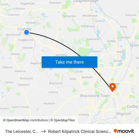 The Leicester, Coalville to Robert Kilpatrick Clinical Sciences Building map