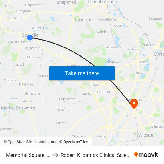 Memorial Square, Coalville to Robert Kilpatrick Clinical Sciences Building map