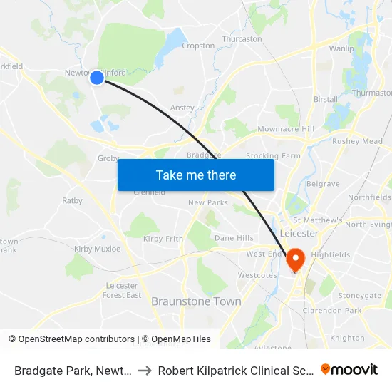 Bradgate Park, Newtown Linford to Robert Kilpatrick Clinical Sciences Building map