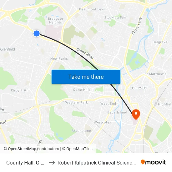 County Hall, Glenfield to Robert Kilpatrick Clinical Sciences Building map