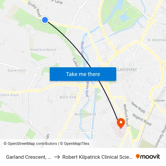 Garland Crescent, Leicester to Robert Kilpatrick Clinical Sciences Building map