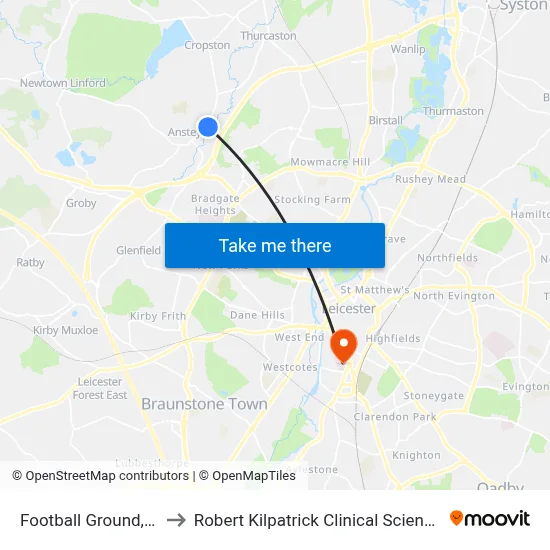 Football Ground, Anstey to Robert Kilpatrick Clinical Sciences Building map