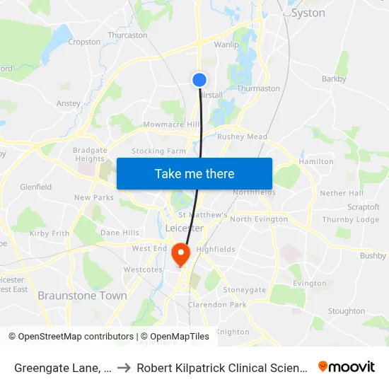 Greengate Lane, Birstall to Robert Kilpatrick Clinical Sciences Building map