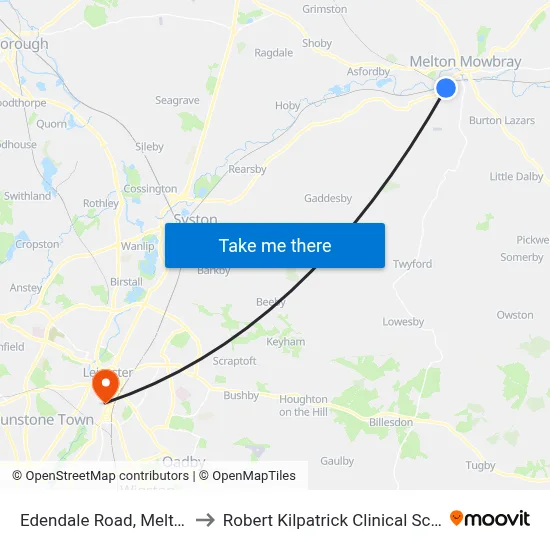 Edendale Road, Melton Mowbray to Robert Kilpatrick Clinical Sciences Building map