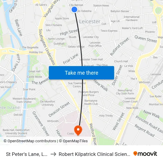 St Peter's Lane, Leicester to Robert Kilpatrick Clinical Sciences Building map