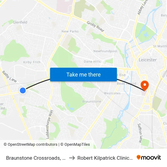 Braunstone Crossroads, Leicester Forest East to Robert Kilpatrick Clinical Sciences Building map
