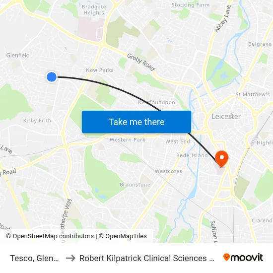 Tesco, Glenfield to Robert Kilpatrick Clinical Sciences Building map