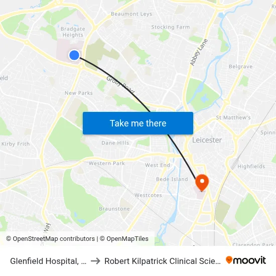 Glenfield Hospital, Leicester to Robert Kilpatrick Clinical Sciences Building map