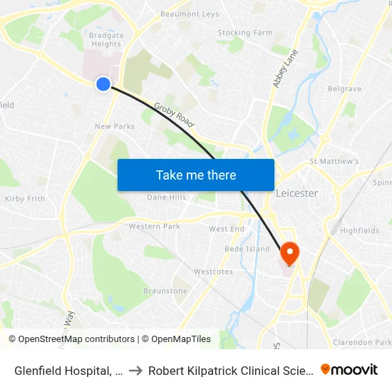 Glenfield Hospital, Leicester to Robert Kilpatrick Clinical Sciences Building map