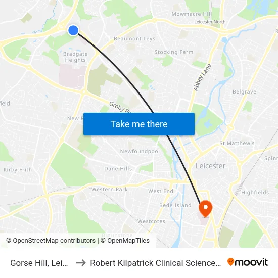 Gorse Hill, Leicester to Robert Kilpatrick Clinical Sciences Building map