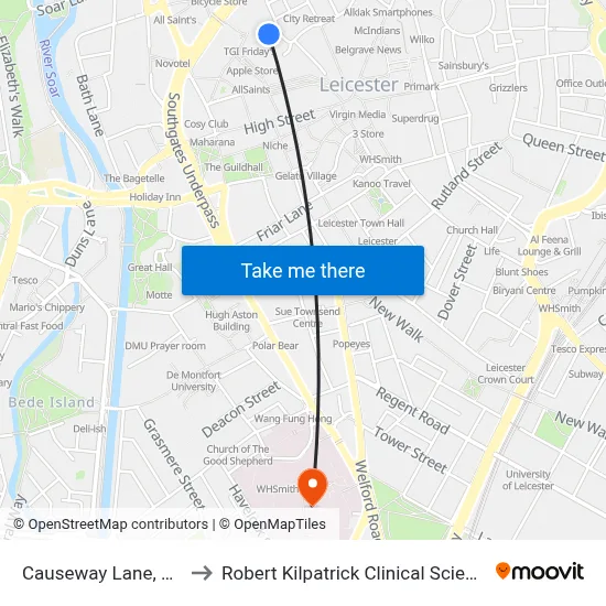 Causeway Lane, Leicester to Robert Kilpatrick Clinical Sciences Building map