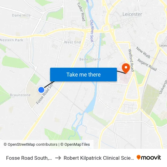 Fosse Road South, Leicester to Robert Kilpatrick Clinical Sciences Building map