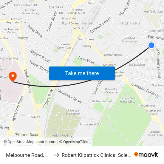 Melbourne Road, Highfields to Robert Kilpatrick Clinical Sciences Building map