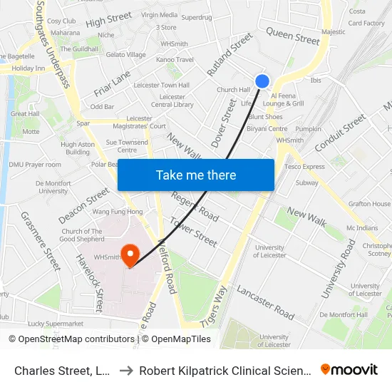 Charles Street, Leicester to Robert Kilpatrick Clinical Sciences Building map