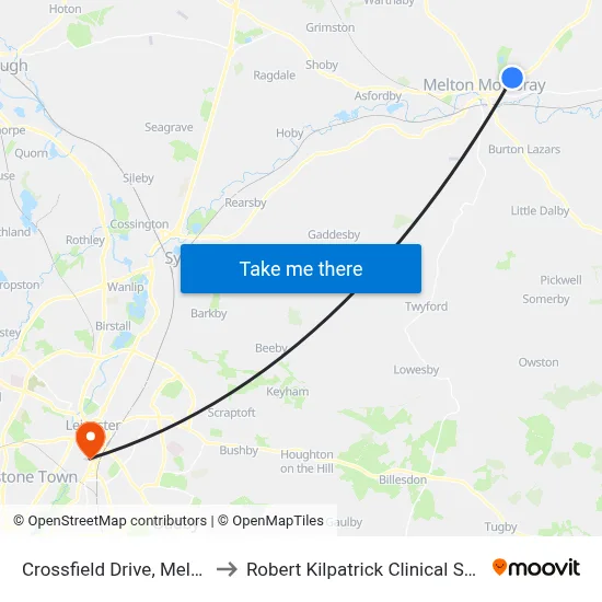 Crossfield Drive, Melton Mowbray to Robert Kilpatrick Clinical Sciences Building map