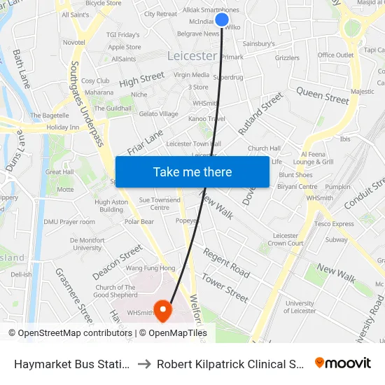 Haymarket Bus Station, Leicester to Robert Kilpatrick Clinical Sciences Building map