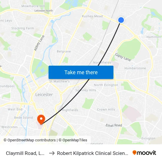 Claymill Road, Leicester to Robert Kilpatrick Clinical Sciences Building map