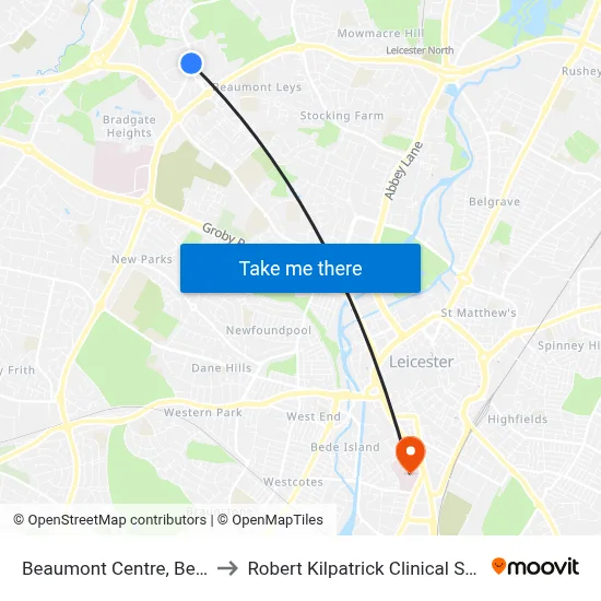 Beaumont Centre, Beaumont Leys to Robert Kilpatrick Clinical Sciences Building map