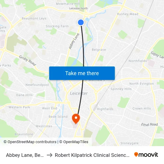 Abbey Lane, Belgrave to Robert Kilpatrick Clinical Sciences Building map