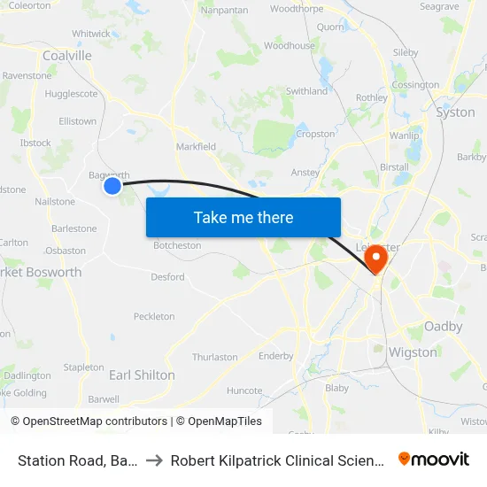 Station Road, Bagworth to Robert Kilpatrick Clinical Sciences Building map