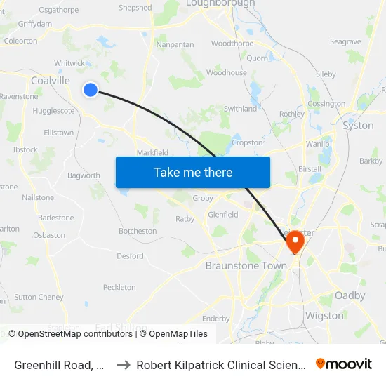 Greenhill Road, Coalville to Robert Kilpatrick Clinical Sciences Building map