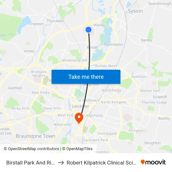 Birstall Park And Ride, Birstall to Robert Kilpatrick Clinical Sciences Building map