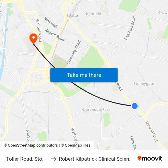 Toller Road, Stoneygate to Robert Kilpatrick Clinical Sciences Building map