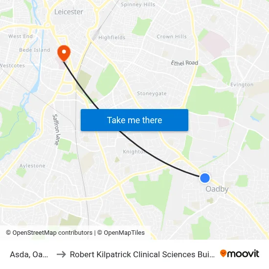 Asda, Oadby to Robert Kilpatrick Clinical Sciences Building map