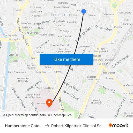 Humberstone Gate, Leicester to Robert Kilpatrick Clinical Sciences Building map
