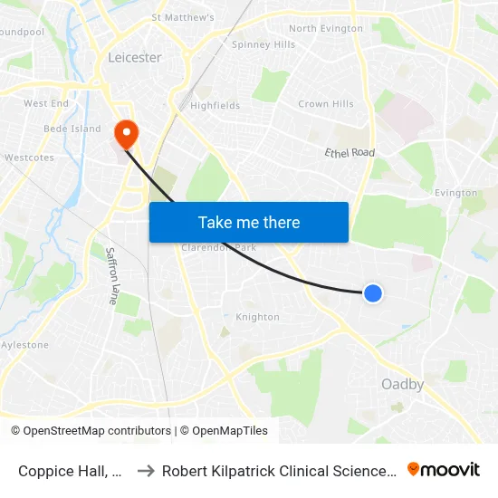 Coppice Hall, Oadby to Robert Kilpatrick Clinical Sciences Building map