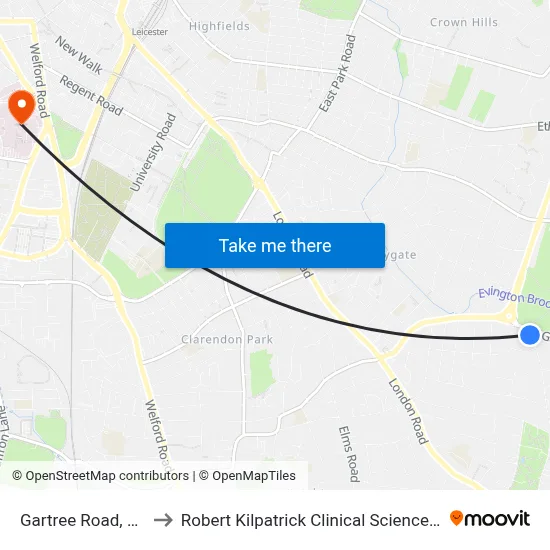 Gartree Road, Oadby to Robert Kilpatrick Clinical Sciences Building map