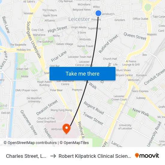 Charles Street, Leicester to Robert Kilpatrick Clinical Sciences Building map