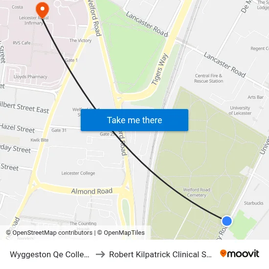 Wyggeston Qe College, Leicester to Robert Kilpatrick Clinical Sciences Building map
