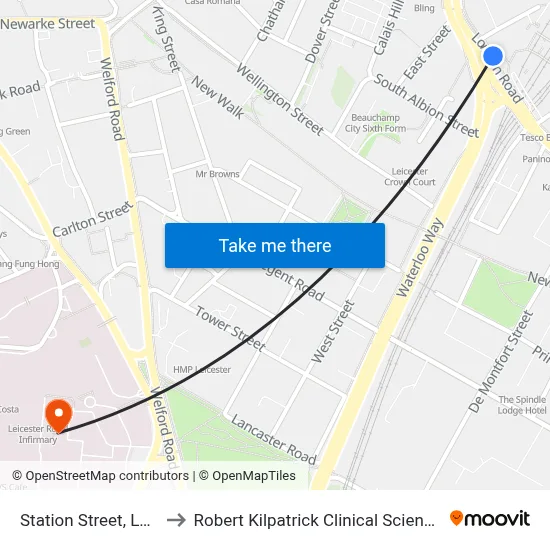 Station Street, Leicester to Robert Kilpatrick Clinical Sciences Building map