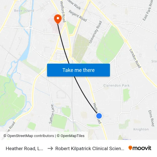 Heather Road, Leicester to Robert Kilpatrick Clinical Sciences Building map