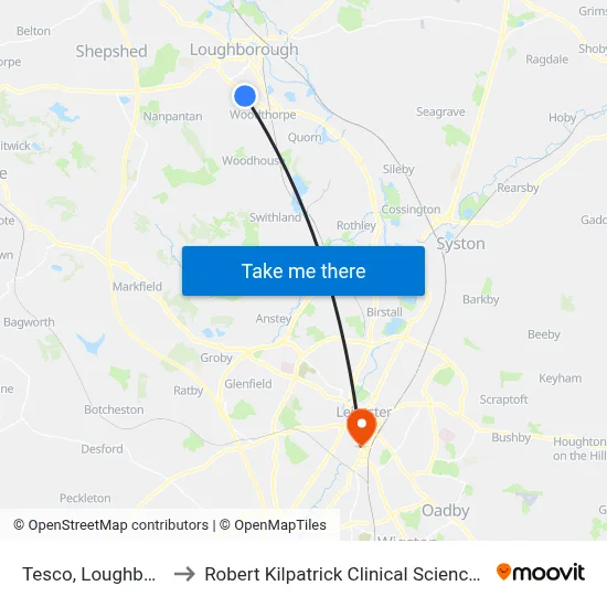 Tesco, Loughborough to Robert Kilpatrick Clinical Sciences Building map