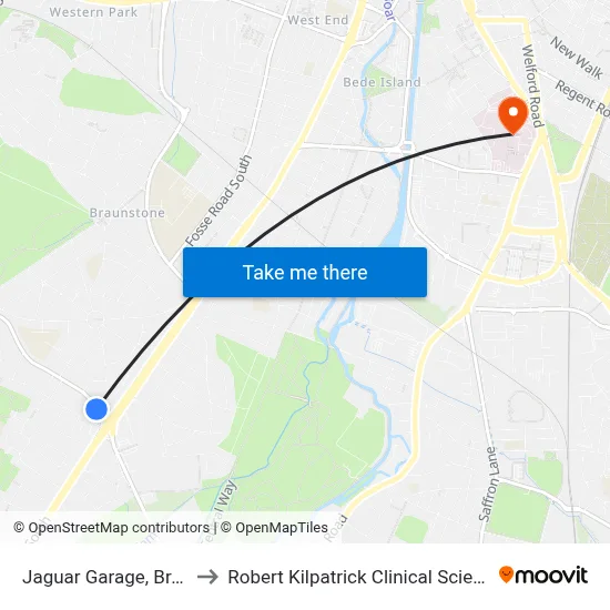 Jaguar Garage, Braunstone to Robert Kilpatrick Clinical Sciences Building map
