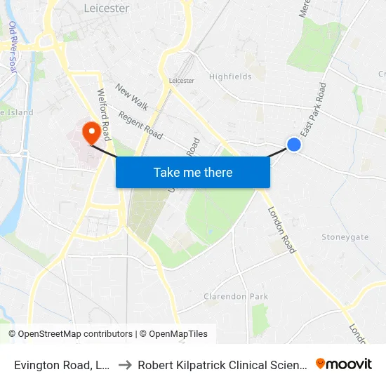 Evington Road, Leicester to Robert Kilpatrick Clinical Sciences Building map