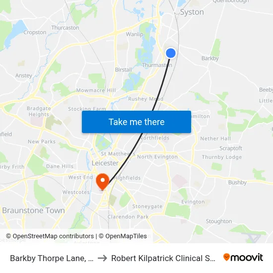 Barkby Thorpe Lane, Thurmaston to Robert Kilpatrick Clinical Sciences Building map