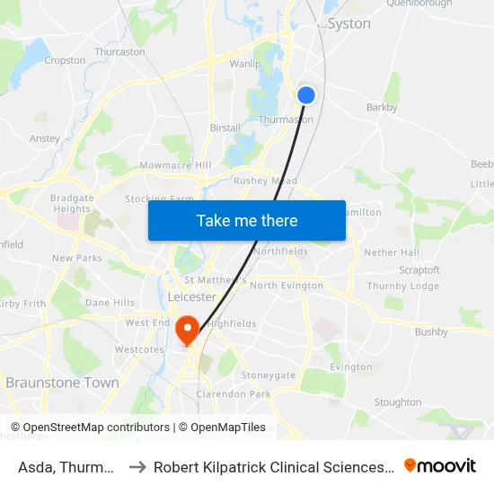 Asda, Thurmaston to Robert Kilpatrick Clinical Sciences Building map