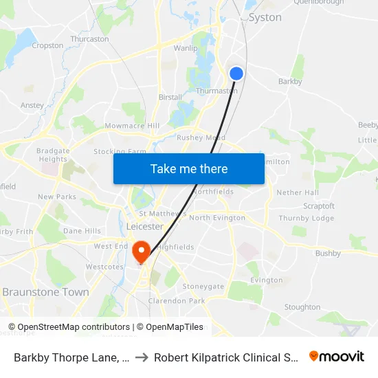 Barkby Thorpe Lane, Thurmaston to Robert Kilpatrick Clinical Sciences Building map