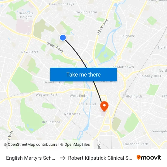 English Martyrs School, Leicester to Robert Kilpatrick Clinical Sciences Building map
