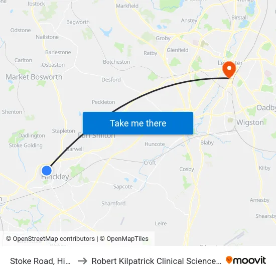 Stoke Road, Hinckley to Robert Kilpatrick Clinical Sciences Building map