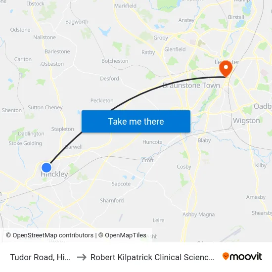 Tudor Road, Hinckley to Robert Kilpatrick Clinical Sciences Building map