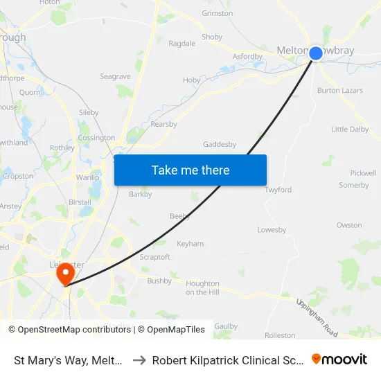 St Mary's Way, Melton Mowbray to Robert Kilpatrick Clinical Sciences Building map