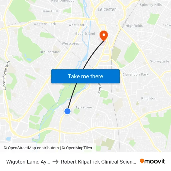 Wigston Lane, Aylestone to Robert Kilpatrick Clinical Sciences Building map